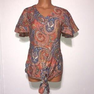 Ethyl Clothing Paisley Print Flutter Sleeve Front Tie Top Size Xtra Small